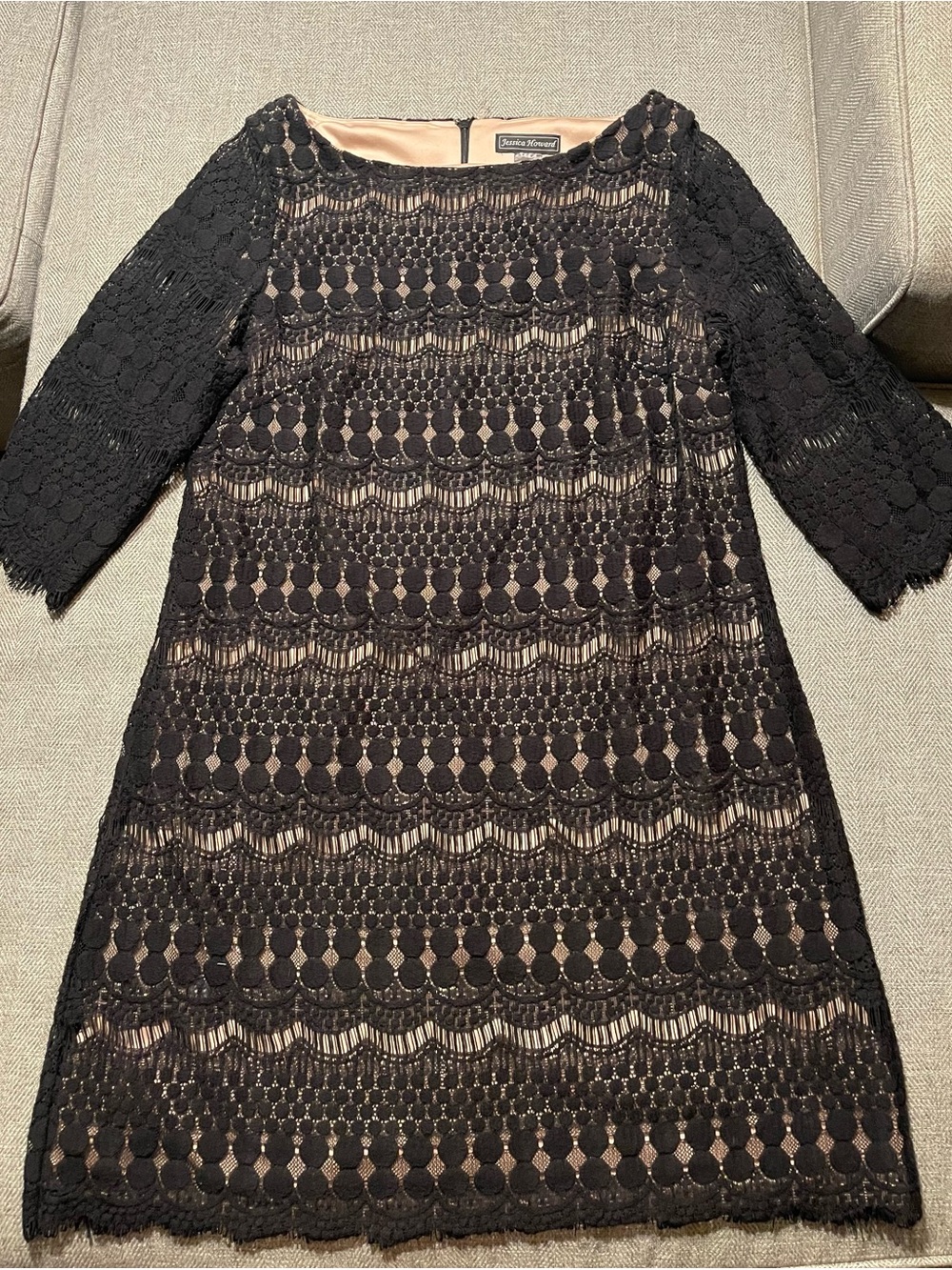 Jessica Howard Black Lace Nude Lined Sheath Cocktail Dress Size 16